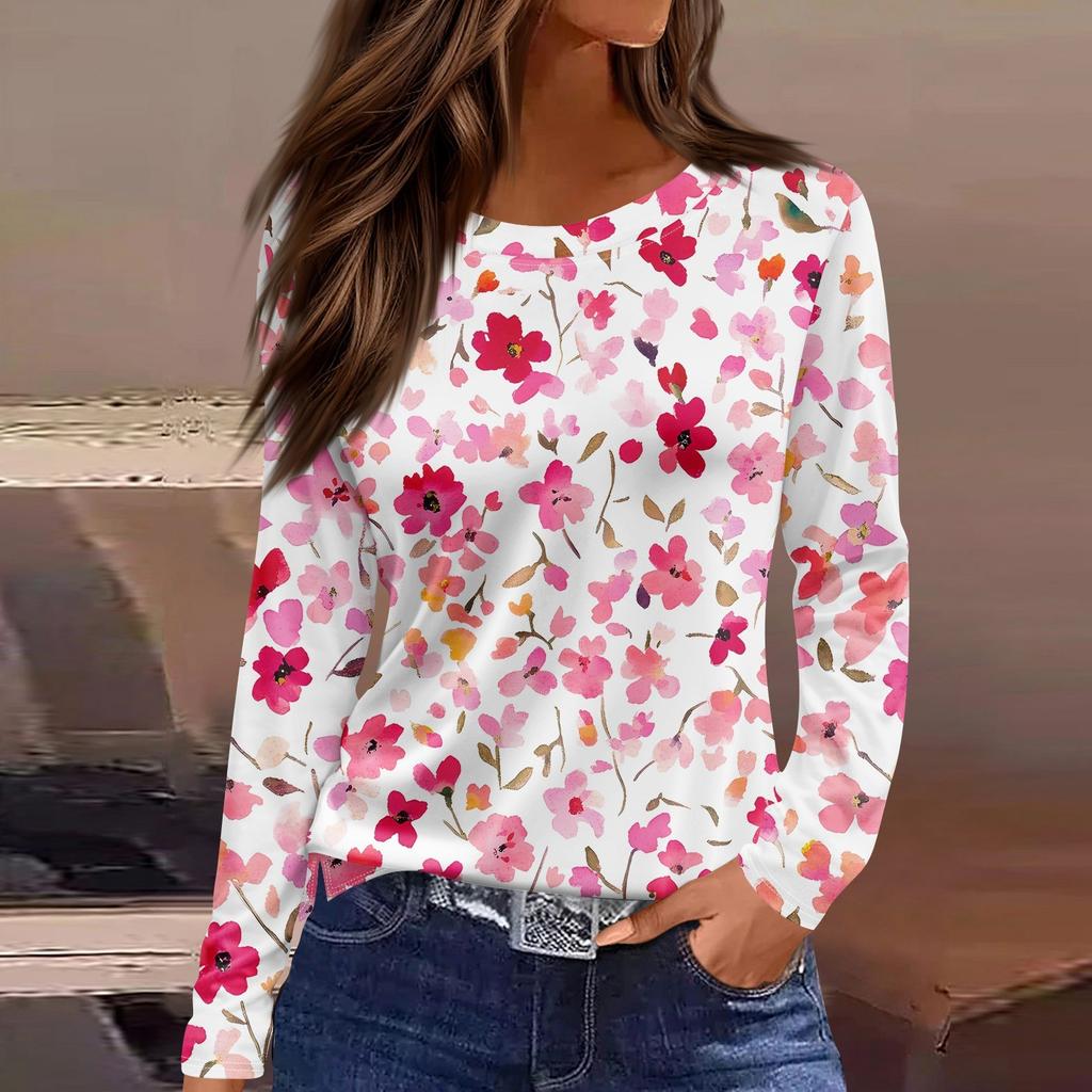 Women's Fashion Casual Slit Hem Round Neck Long Sleeve Loose Printed T-Shirt Ladies Top