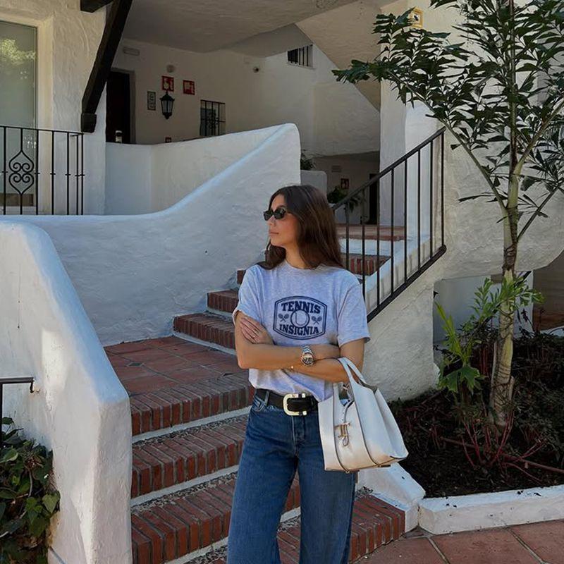 Tennis Insignia Niche Style American Retro Style Tennis Logo Pure Cotton Print Shoulder Short Sleeve T-shirt for Women