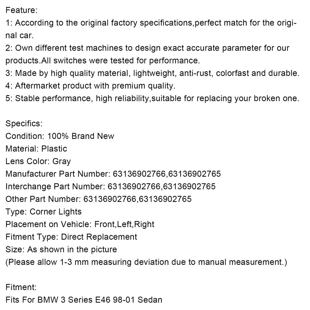 Пара серых угловых габаритных огней для BMW 3 серии E46 98-01 седан 63136902766