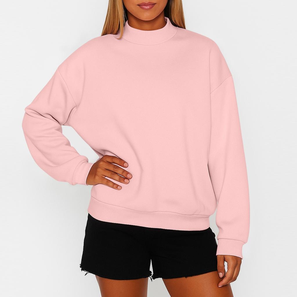 Women's Solid Color Fleece Sweatshirt With A Small High Neck And Loose Fit