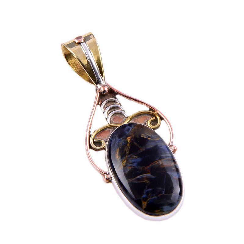 Natural Pietersite Gemstone 925 Solid Sterling Silver TwoTone Pendant 1.75" p4Y25