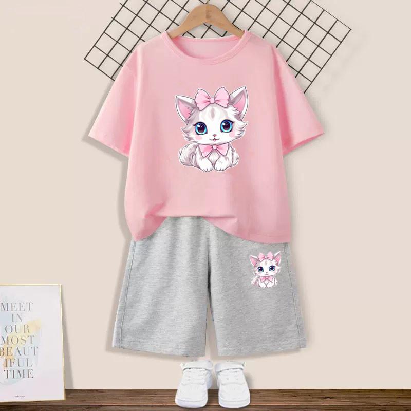Милый комплект одежды с принтом «Счастливый кот» для девочек, летняя мода, футболка с коротким рукавом и шорты, комплект из 2 предметов, детская одежда