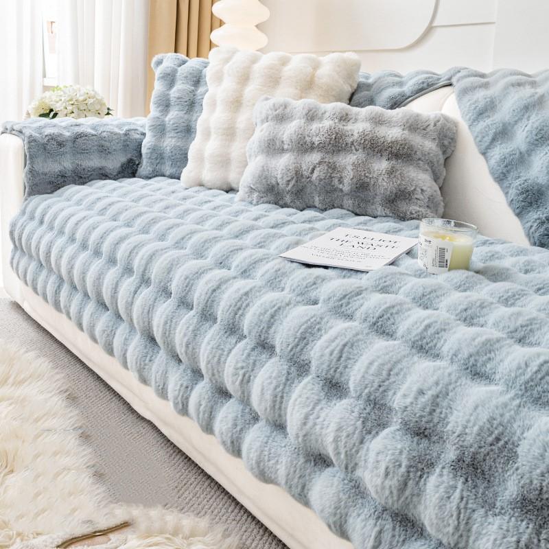 New Winter Rabbit Plush Sofa Cushion Nordic Minimalist Thickened Plush Seat Cushion High End Winter Anti-skid Leather Sofa Cover