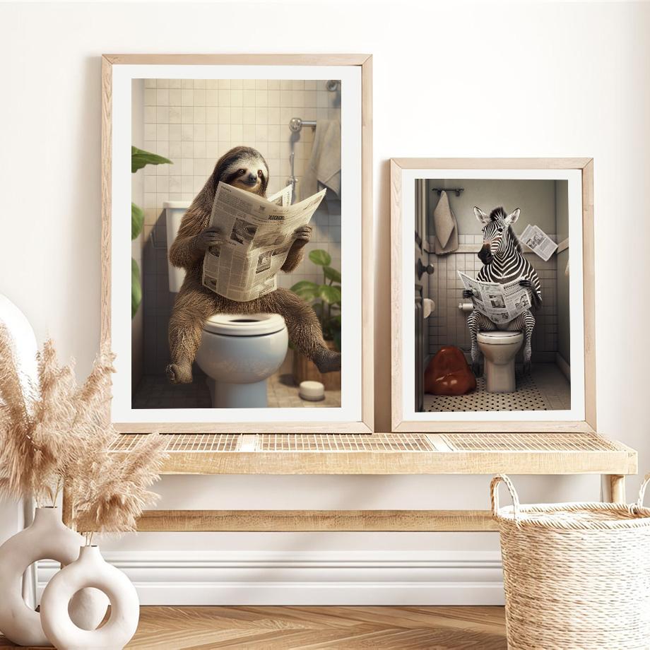 Забавный юмор для ванной комнаты, Настенный декор, Лев, Леопард, Тигр, сидящий на унитазе и читающий газету, постер, художественный принт, холст, живопись