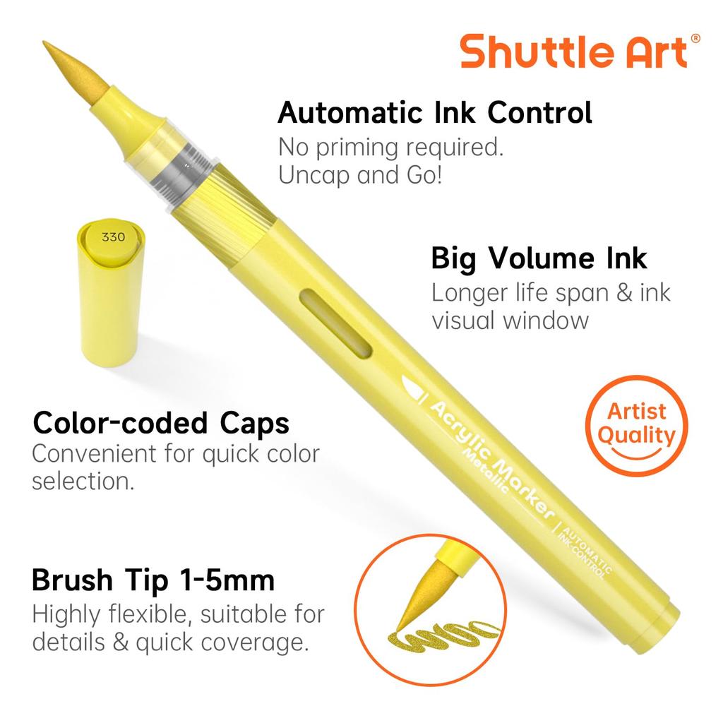 Shuttle Art Acrylic Marker Direct Ink Type Metallic Color Pens with Brush Paint Suitable for and Includes Storage Perfect for Art and 24-Color Set