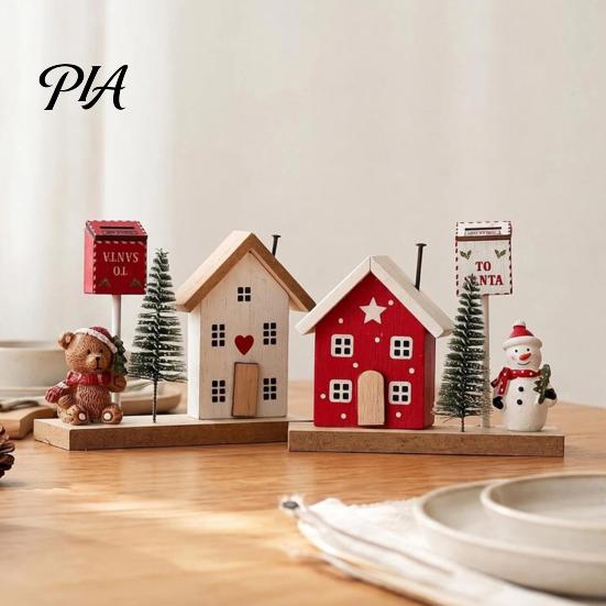 Red White Christmas Accents Mini Village House Figurine, Winter Scene Ornament with Snowman Festive Entrance Table Decor Bear & Mailbox, Nordic Style