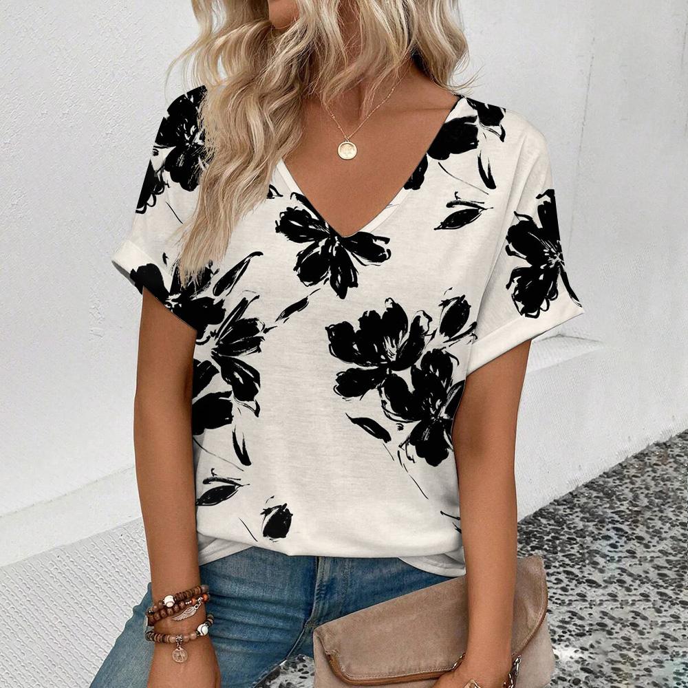 Женская футболка с коротким рукавом и V-образным вырезом Футболка с цветочным принтом в стиле ретро Модная футболка с коротким рукавом Летняя женская футболка для отдыха