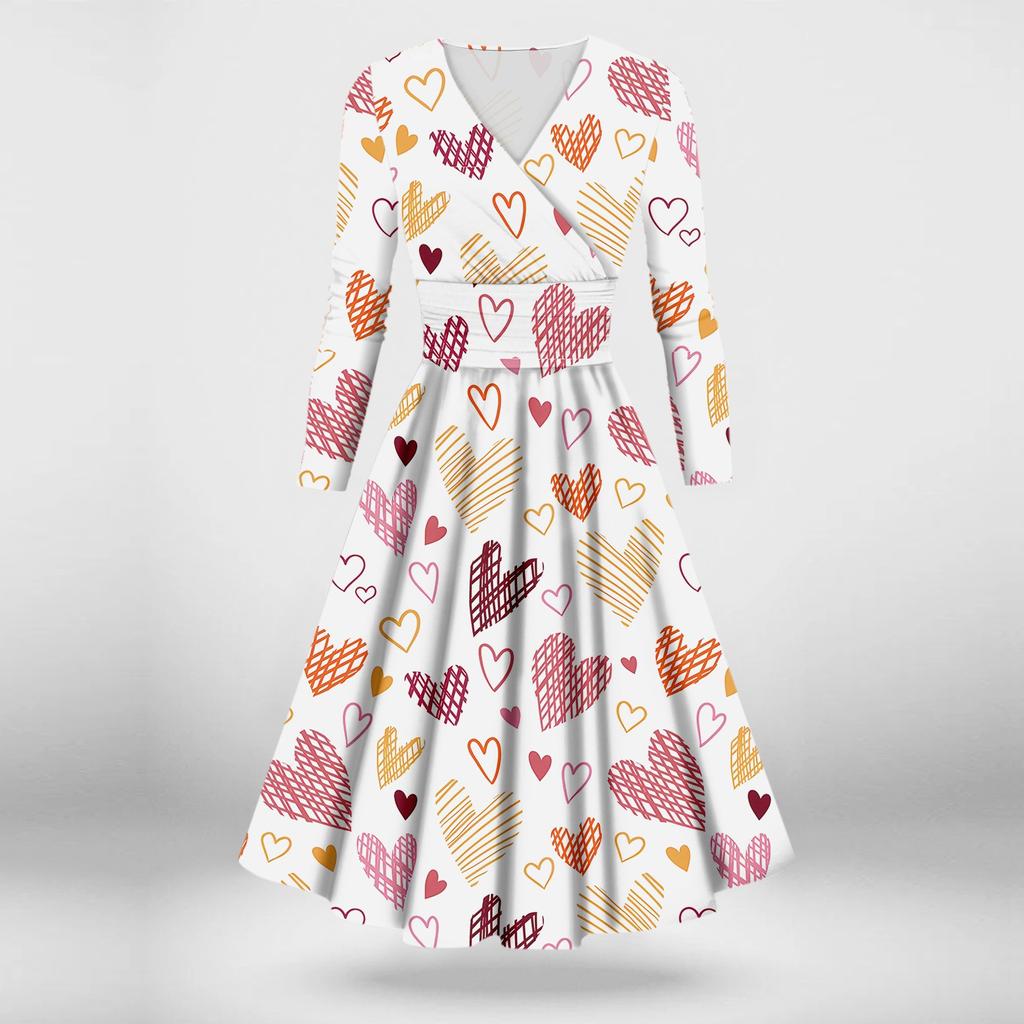 Женская мода повседневное сексуальное платье с длинным рукавом и v-образным вырезом с принтом ко Дню святого Валентина