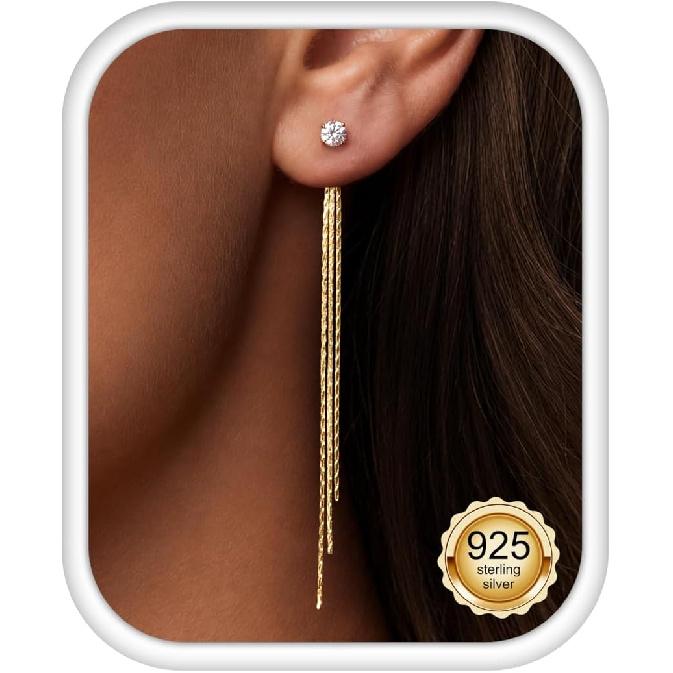 PAVOI 14K Gold Plated 925 Sterling Silver Post Threader Earrings for Women - Minimalist Gold Chain Earrings Double Piercings - Dangle Twist Wavy
