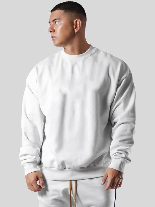 Heavyweight Crewneck Sweatshirt Unisex Drop Shoulder Cotton Blend Solid Color Loose Pullover