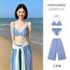 Red and blue plaid neck bikini beach swimsuit women's summer long-sleeved blouse top fashion wide-leg pants three-piece set