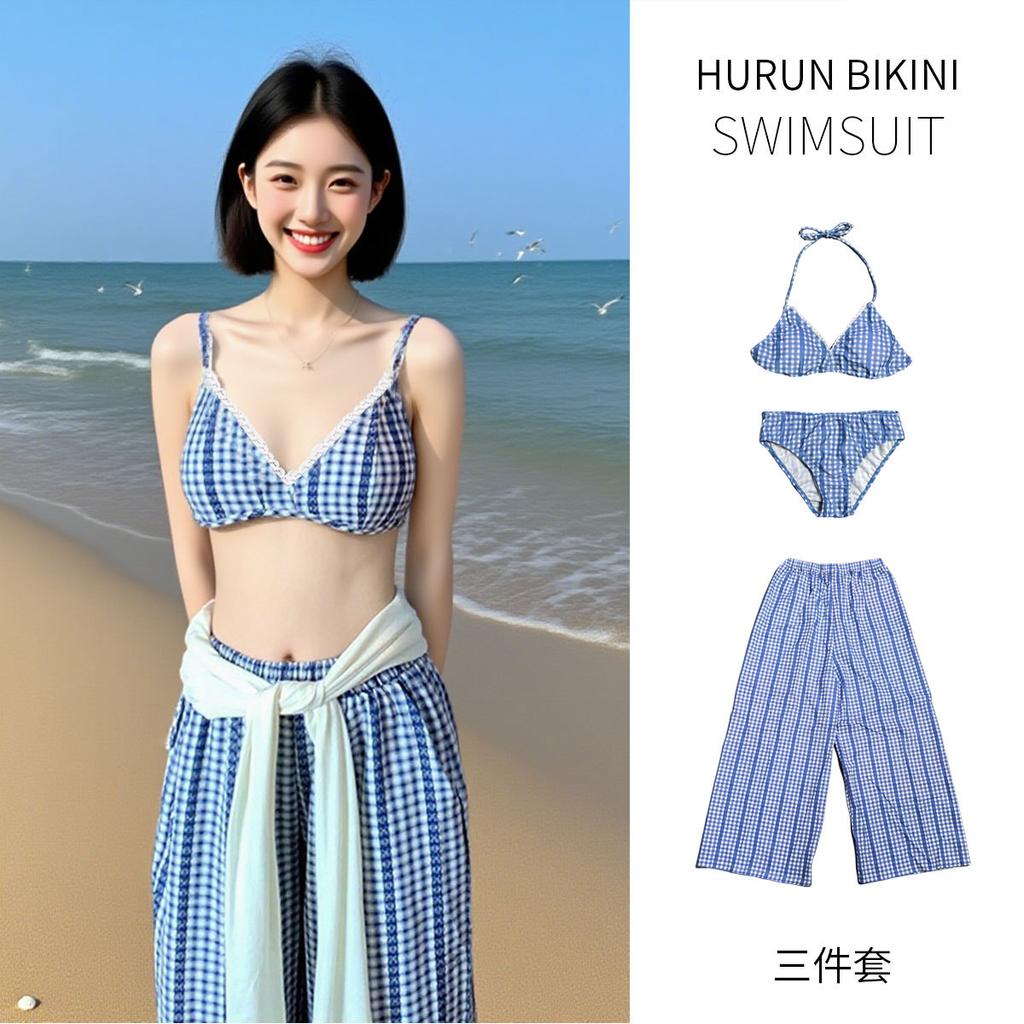 Red and blue plaid neck bikini beach swimsuit women's summer long-sleeved blouse top fashion wide-leg pants three-piece set