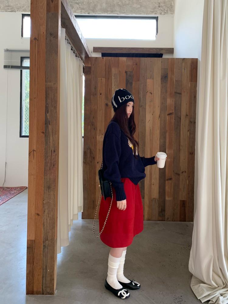 Available: Korean Chic Christmas Red High-Waisted Corduroy Midi Skirt for Women