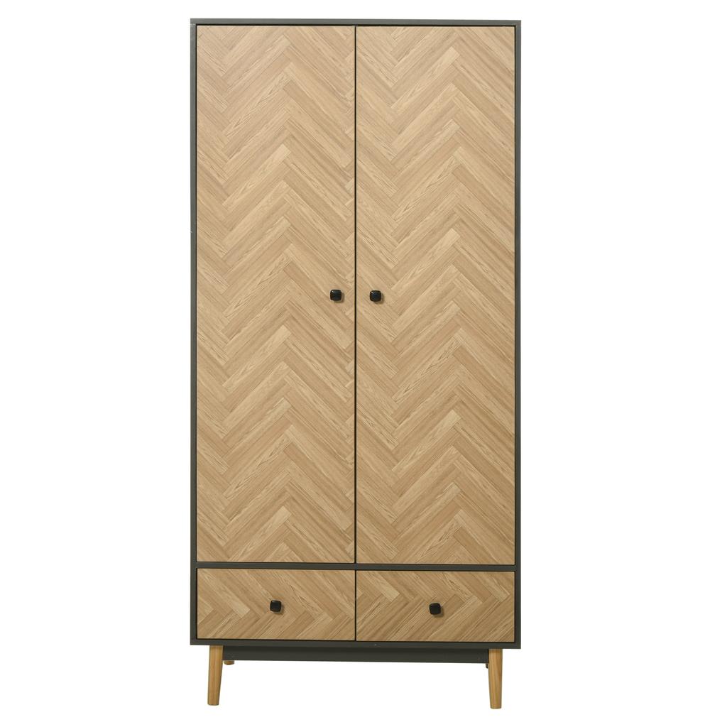 Modern Wardrobe Cabinet Wood Grain Sticker Surface With Shelf Hanging Rod And 2 Drawers 90x50x190cm