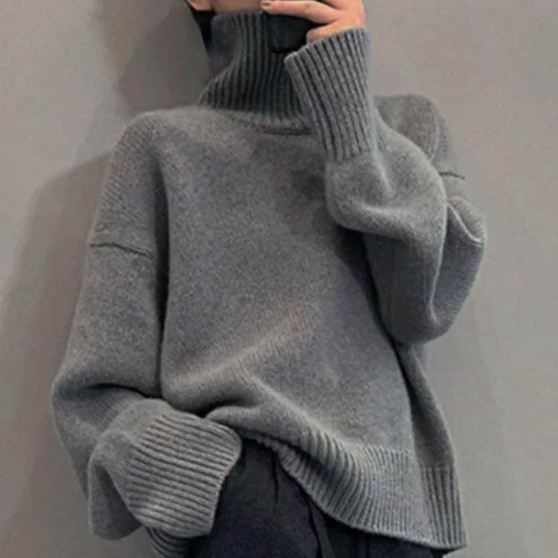 Женский свитер с воротником на осень-зиму, корейский модный свободный черный топ с длинными рукавами, однотонный, простой, повседневный, женские пуловеры