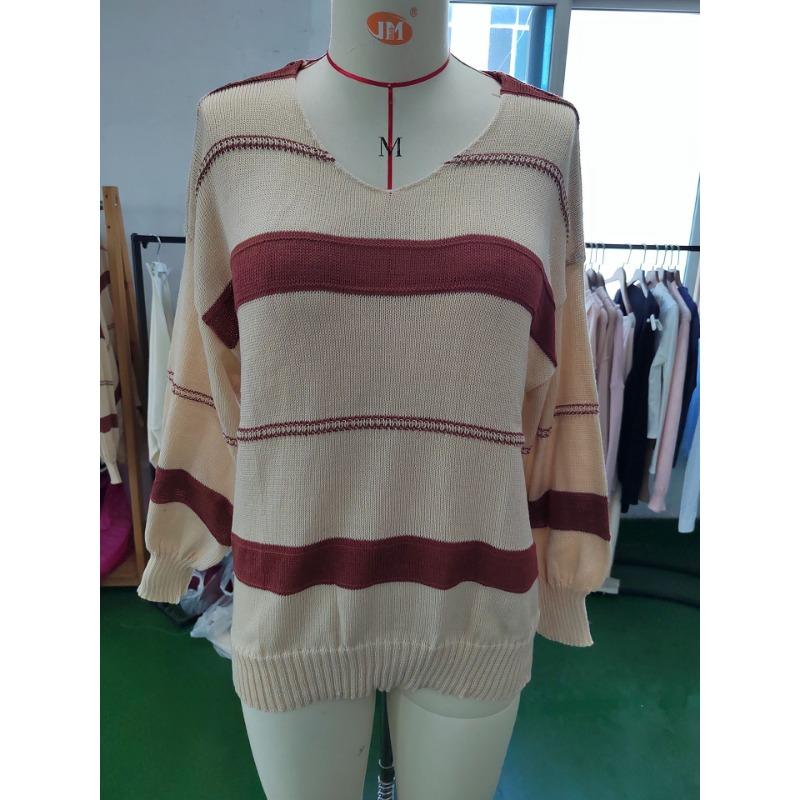 Плюс Размер Нижняя Рубашка Длинный Рукав Трикотаж Женский Осенний Полосатый Пуловер V-образный Вырез Полосатый Свитер