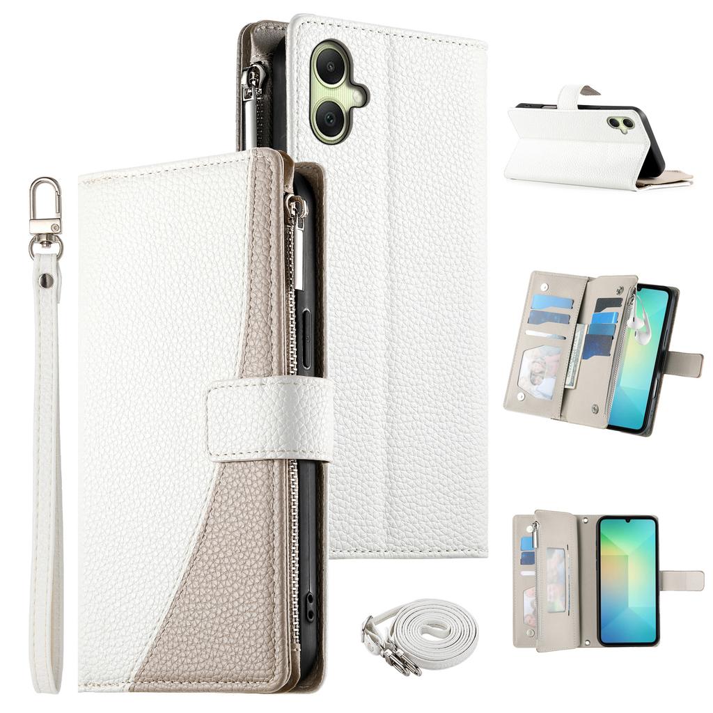 For Samsung Galaxy A06 4G Case Zipper Wallet Color Splicing Leather Flip Phone Cover with Straps