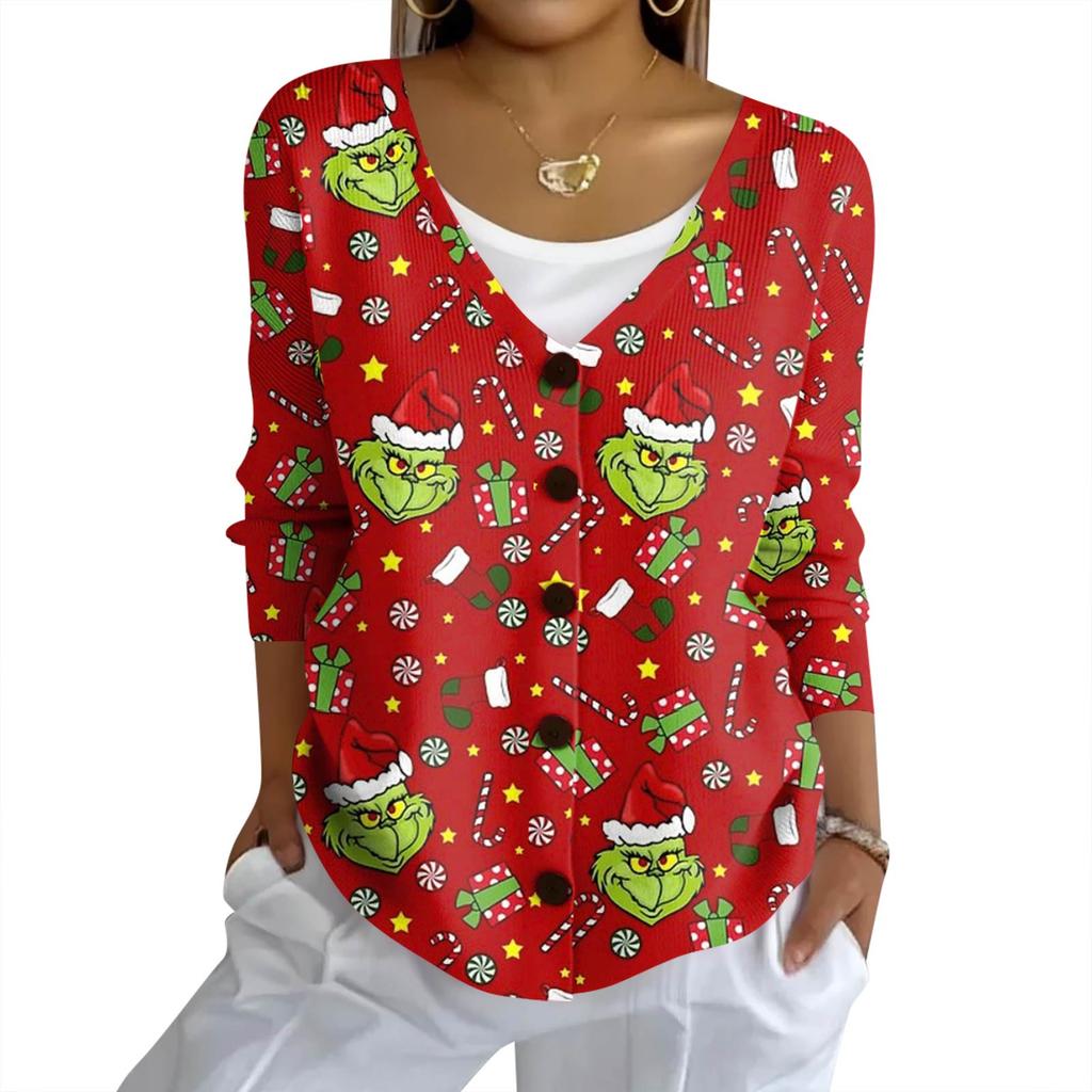 Women's Fashion Casual Knit Sweater Button-Up Christmas Print Cardigan Jacket