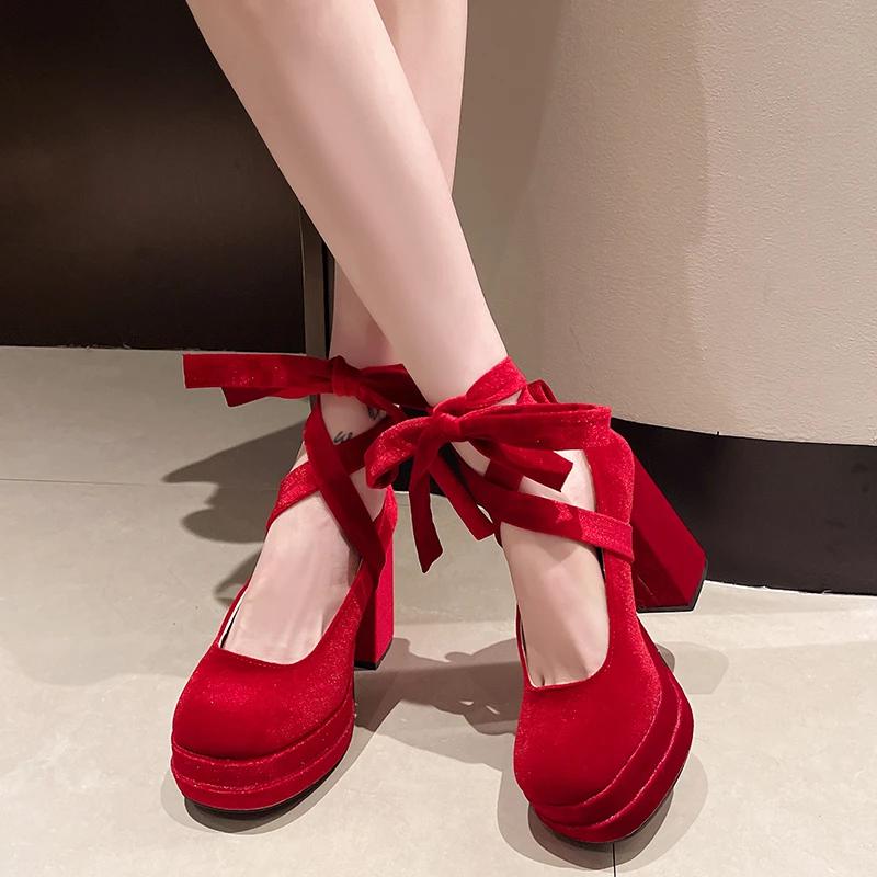 2024 Designer Platform Women Mary Jane Shoes Ladies 2024 Cross-tied Thick High Heel Footwear Women's Elegant Dress Pumps Shoes