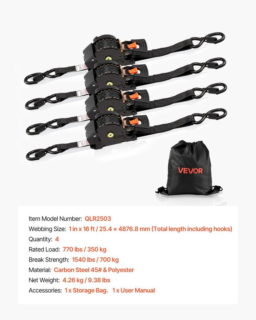 Retractable Ratchet Straps, 25.4 mm x 4.9 m, Tie Down Straps with S Hooks, 700 kg Break Strength, Carry Bag, Tie Down Ratcheting for Moving, Trailers,