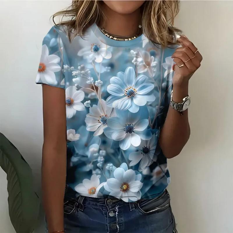Fashion Women's Crew Neck T-Shirt 3D Color Printing Crew Neck Short Sleeve