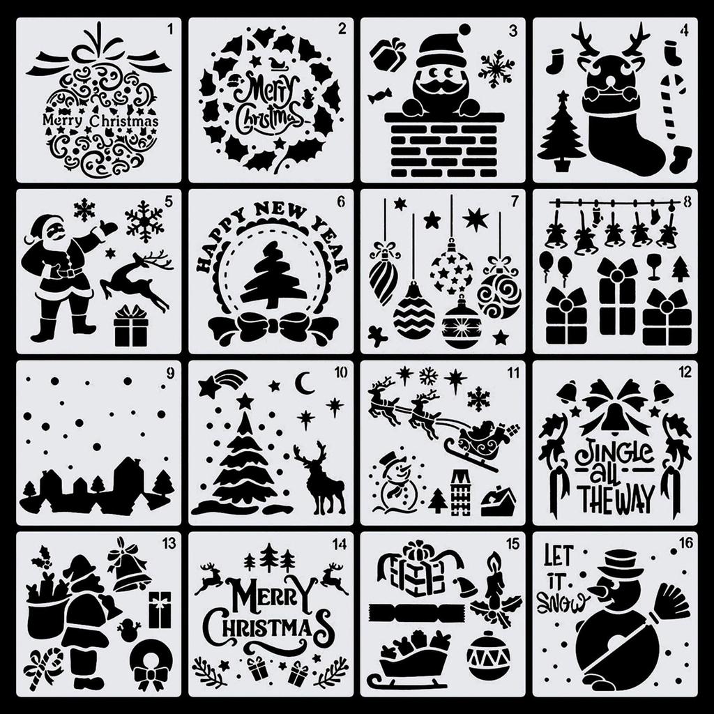 Stencil Sheet Christmas Set of 16 Christmas Stencil Santa Snowman Reindeer Christmas Tree Stencil Template Notebook Drawing Template Scrapbooking