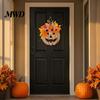 Thanksgiving Wreath for Home Decor Wooden Pumpkin Halloween Door Sign with LED Lights, Artificial Floral Hanging Autumn Flowers Wall Ornament