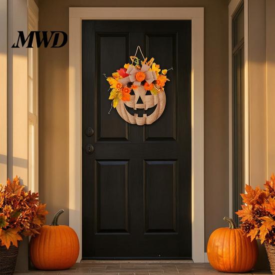 Thanksgiving Wreath for Home Decor Wooden Pumpkin Halloween Door Sign with LED Lights, Artificial Floral Hanging Autumn Flowers Wall Ornament