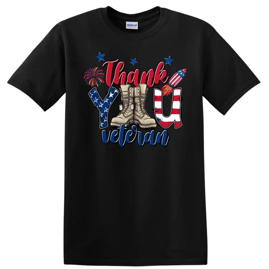 Thank You Veteran T Shirt Military Boots Fireworks Patriotic Tee
