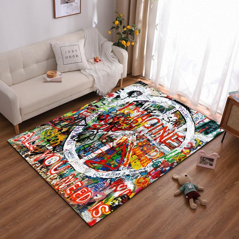 Colorful Graffiti Art Carpet with Text "Imagine" and Bold Design Suitable for use as an anti-slip for living room bedroom sofas
