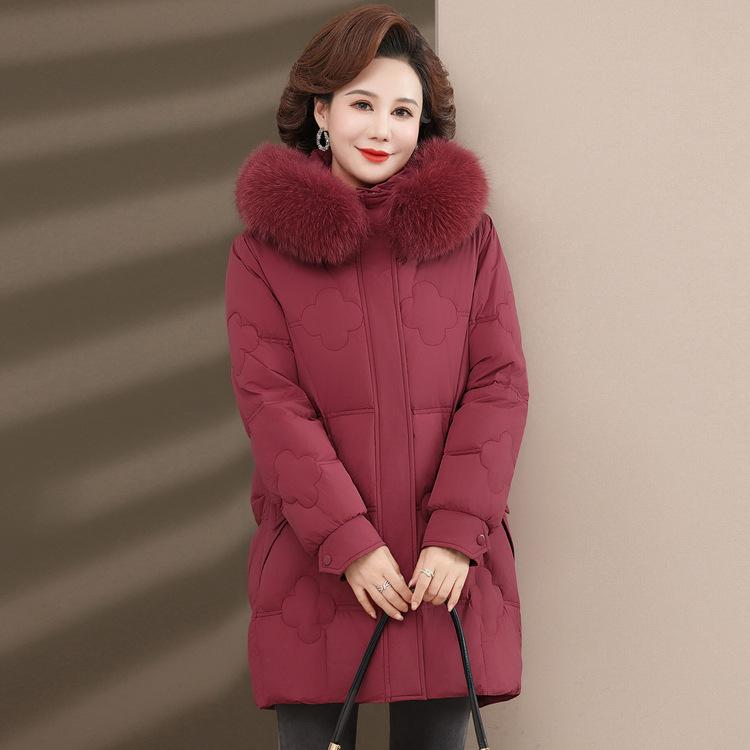 New Down Jacket Mother Women's Middle-aged and Elderly Winter Long Thick Fox Fur Collar White Duck Down Coat.