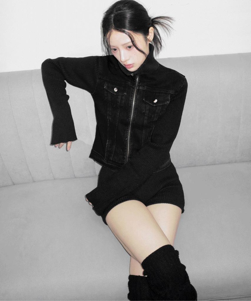 SIAOSIKO Black Denim Jacket Deep Black Knit