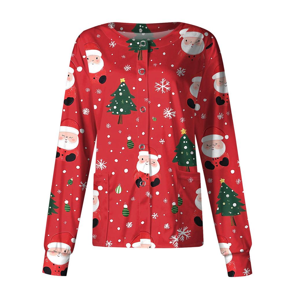 Women's Casual Long-sleeved Single-breasted Christmas Printed Protective Clothing Cardigan Top
