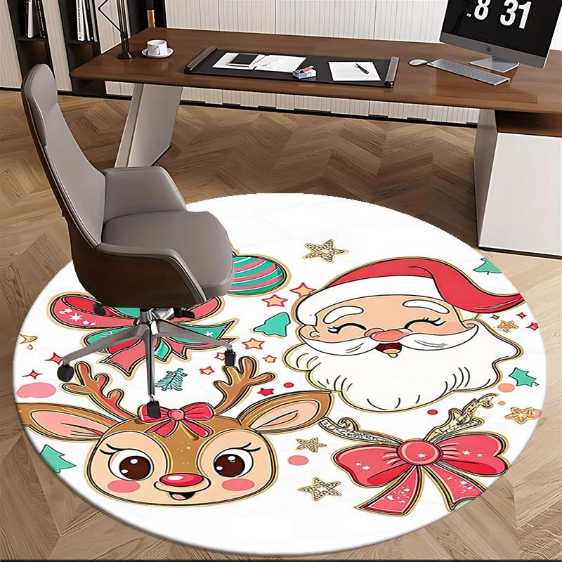 1pc Christmas Santa Claus & Reindeer Round Carpet Anime Cartoon Design, Holiday Gift, NonSlip Rug for Office Chair Mat, Home Decor, Living Room