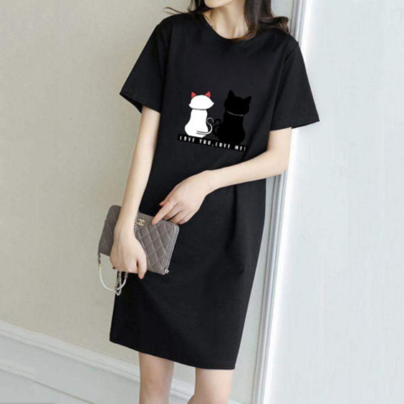 YYFS Women's Fashion Summer Spring Feather Print Short Sleeve O-Neck Loose Waistline Casual Dresses