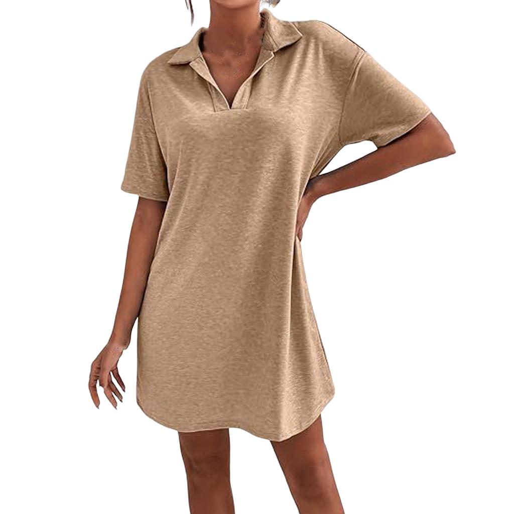 Женское модное летнее повседневное однотонное свободное платье с V-образным вырезом и лацканами