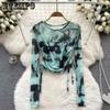 WTEMPO Шикарные сетчатые футболки с принтом Tie Dye, женские повязки на шнурке, винтажные облегающие топы Y2K, футболки с длинными рукавами, уличная одежда
