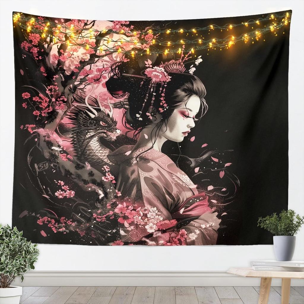 Japan Geisha Tapestry Cherry Blossoms Wall Art Japanese Tradition Wall Hanging Blanket for Living Room Bedroom Home Decor Small