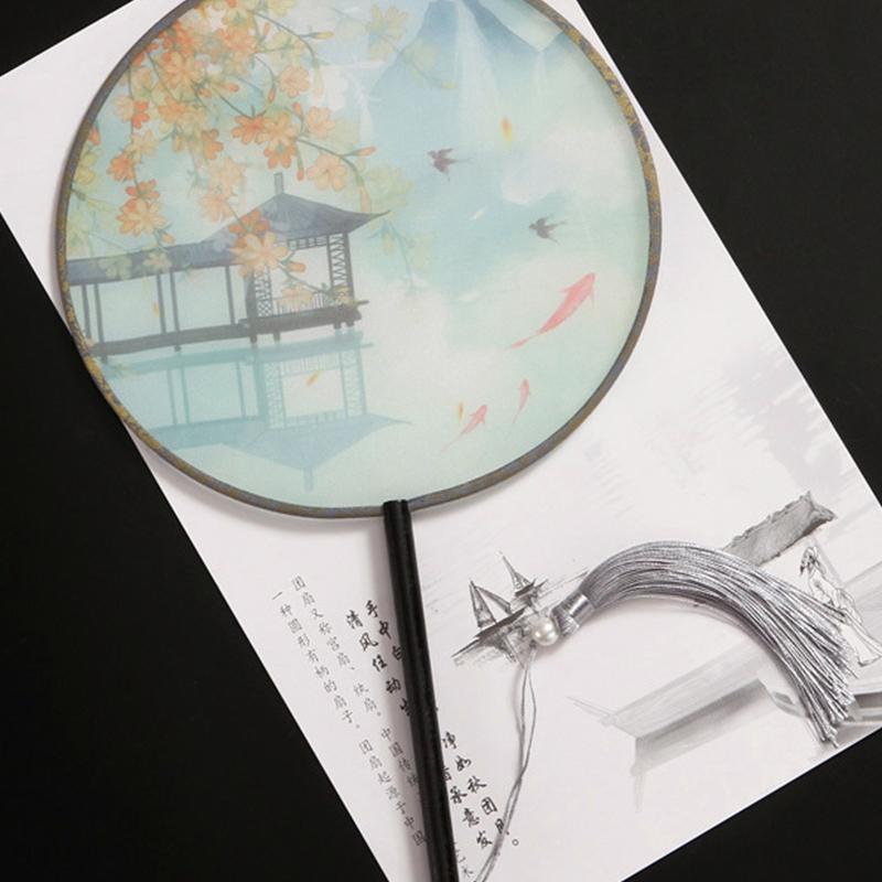 1шт классические печатные кисточки с длинной ручкой круглые веера круглый свадебный веер