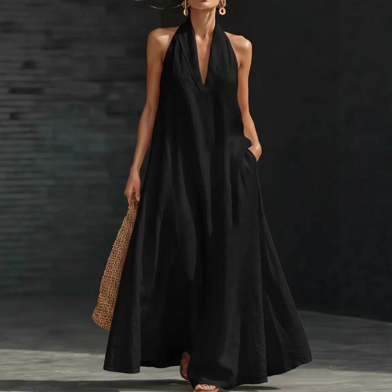 Elegant V Neck Loose Dresses Summer Women's 2026 New Neck-Hanging Long Holiday Party A-line Dress Women Street Chic Youth Loose Fashion Dress