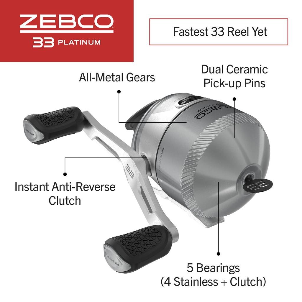 Zebco 33 Platinum Spincast Fishing Reel Size 30 Reel Right Handed Gear Ratio Prespool 10 Lbs Zebco Cajun Line Silver Handed/Left 4.71 4.71