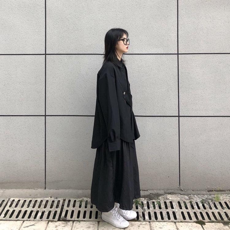 Women's Blouse Asymmetrical Japanese Style Top Streetwear Punk Cool Black Shirt Oversize Long Sleeve Button Up Alt Clothes
