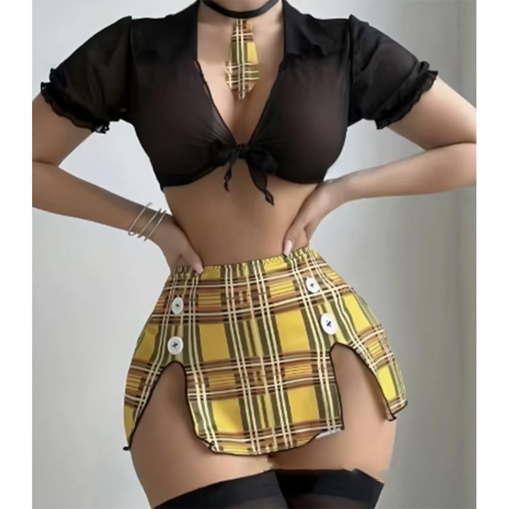 Midnight Manor Maid 3 Piece Set Sexy Lingerie Passionate Allure Uniform Top Checkered Short Skirt Thong Pants Three-piece Set