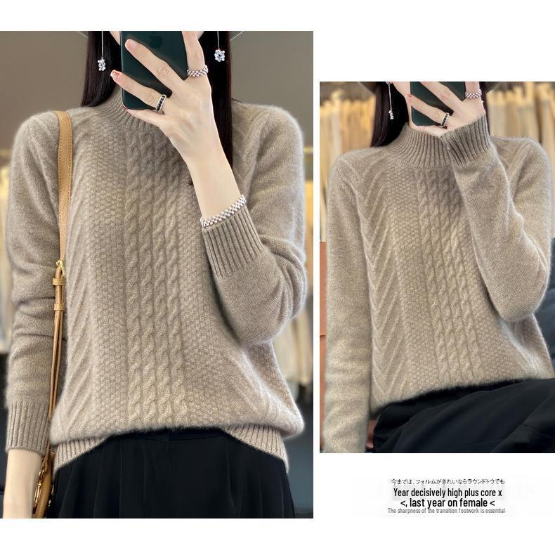 2023 Women's Autumn/Winter Thick Cable Knit Semi-High Neck Sweater