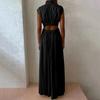 Women's Summer Sleeveless Long Dress Mock Neck Waist Hollow-Out Maxi Dress A Line