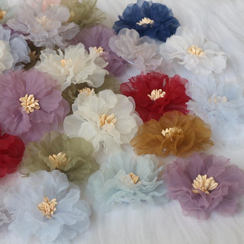 10 шт. 5 см плиссированные цветы из шифоновой ткани с сердцевиной для DIY аксессуаров для волос, шляп, повязки на голову, украшения свадебного платья