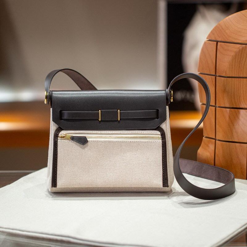 2026 New 20cm Cowhide With Canvas Leather Bag Mini Shoulder Crossbody Fabric Cross-border