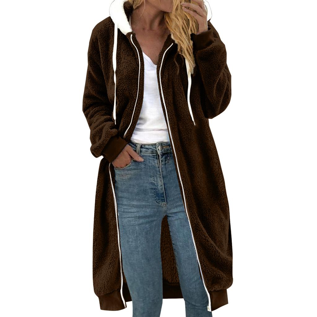 Женская свободная удобная повседневная и модная куртка с V-образным вырезом, длинными рукавами, средней длины или удлиненная, двухсторонняя плюшевая, с капюшоном