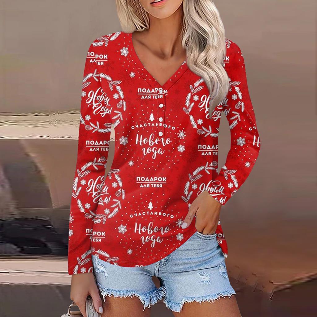 Women's Casual Fashion Sexy Comfort Christmas Printed V-Neck Button Long Sleeve