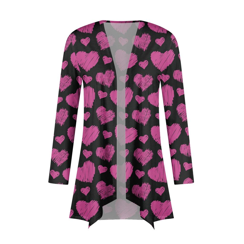 Женский повседневный кардиган с длинными рукавами и принтом ко Дню святого Валентина без карманов, верхнее пальто